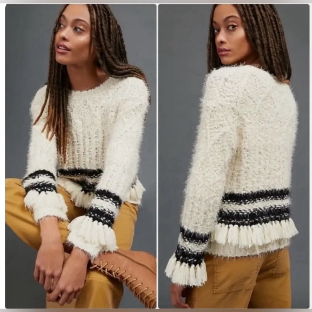 AMADI cream and black fringe sweater from Anthropologie. Size XS.